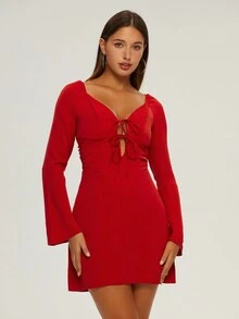 Flare Sleeve Tie Front Dress - Red - View 4