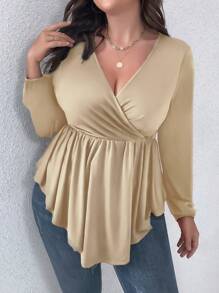 SHEIN Clasi Talla grande Camiseta de cuello cruzado peplum - Champán - Ver 1