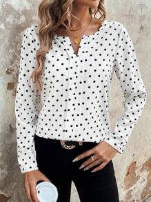 SHEIN Privé Polka Dot Notched Neckline Blouse - White - View 1