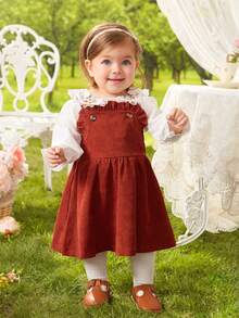 女嬰花卉刺繡荷葉袖上衣&背帶洋裝