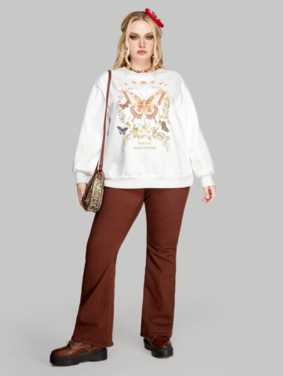 Fairycore Women's Plus Size Butterfly & Floral Printed Drop Shoulder Sweatshirt