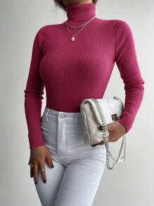 Cloudara Solid Ribbed Turtleneck Jumper - Red Violet - View 4