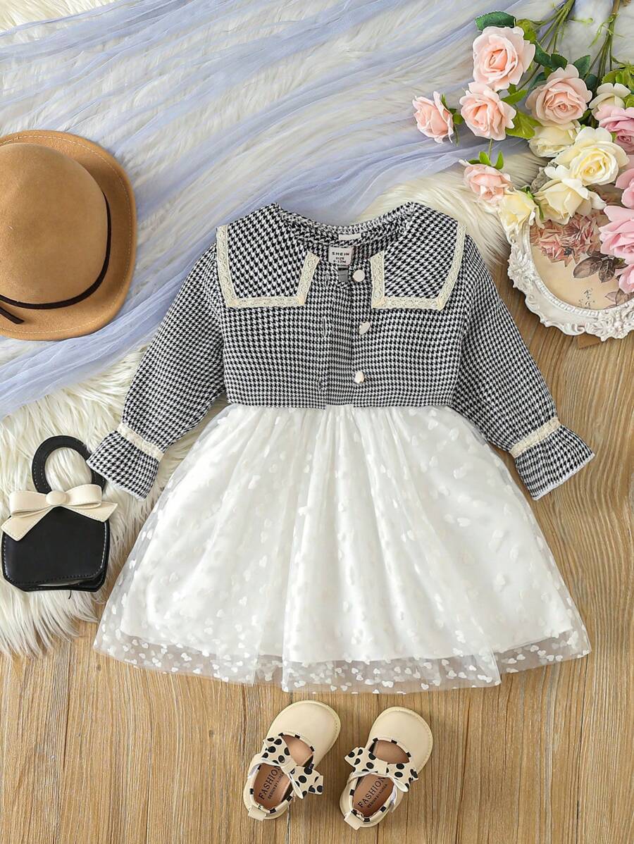 Đứa bé gái In Houndstooth tay áo lá sen Áo khoác & Lưới tương phản Đầm - Nhiều màu - Xem 1