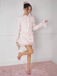 Enchnt Của phụ nữ Ruffle Cạnh Có nút Váy - Hồng - Xem 5