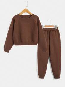SHEIN Cô gái Tween Tay Raglan Áo len & Quần dệt kim - màu nâu - Xem 1
