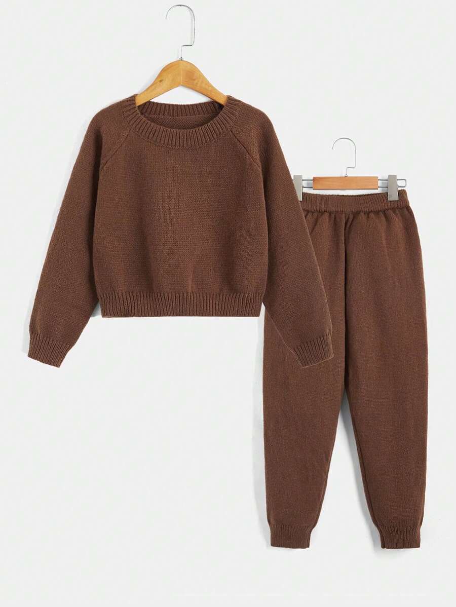 SHEIN Cô gái Tween Tay Raglan Áo len & Quần dệt kim - màu nâu - Xem 1