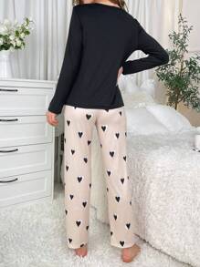 Heart Print Tee & Pants PJ Set - Multicolor - View 2