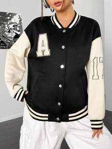 SHEIN Unity Chaqueta de béisbol casual de manga larga con botones delanteros y bolsillo de color contrastante para mujer - Multicolor - Ver 6