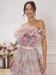 Enchnt 女士夏季時尚印染多層荷葉邊拼接包身背心 - 粉色 - 查看 1