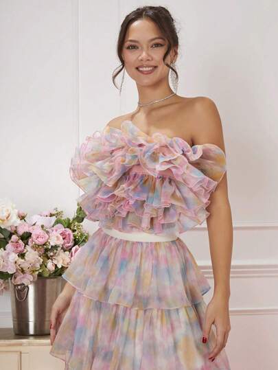 Enchnt Women's Summer Fashion Tie-Dye Multi-Layered Ruffle Trim Patchwork Wrapped Tube Top