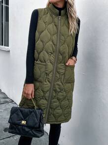 SHEIN LUNE 女士洋葱圈形加垫羽绒背心，双口袋，长款 - 綠色 - 查看 5