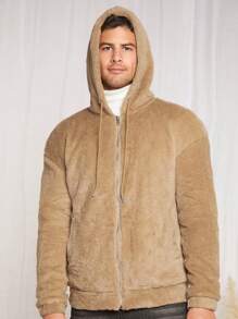 Manfinity VCAY Loose Fit Men's Zip Up Drawstring Hooded Teddy Jacket - Khaki - View 4