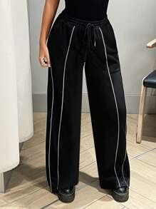 SHEIN ICON Contrast Piping Drawstring Waist Sweatpants - Black - View 4