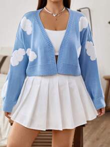 SHEIN Qutie Áo khoác cardigan hở vai họa tiết đám mây cỡ lớn - Màu xanh lam - Xem 6