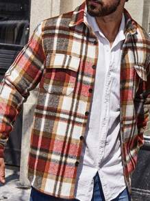 Manfinity Homme Men Plaid Print Flap Pocket Button Up Overcoat - Red - View 4