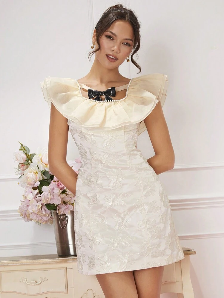 Bow Front Pearls Beaded Ruffle Trim Dress