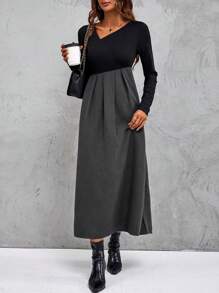 SHEIN Clasi 雙色不對稱領褶皺下擺洋裝 - 灰色 - 查看 3