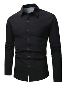 Manfinity Homme 男式鬆身正式鈕扣衬衫 - 黑色 - 查看 5