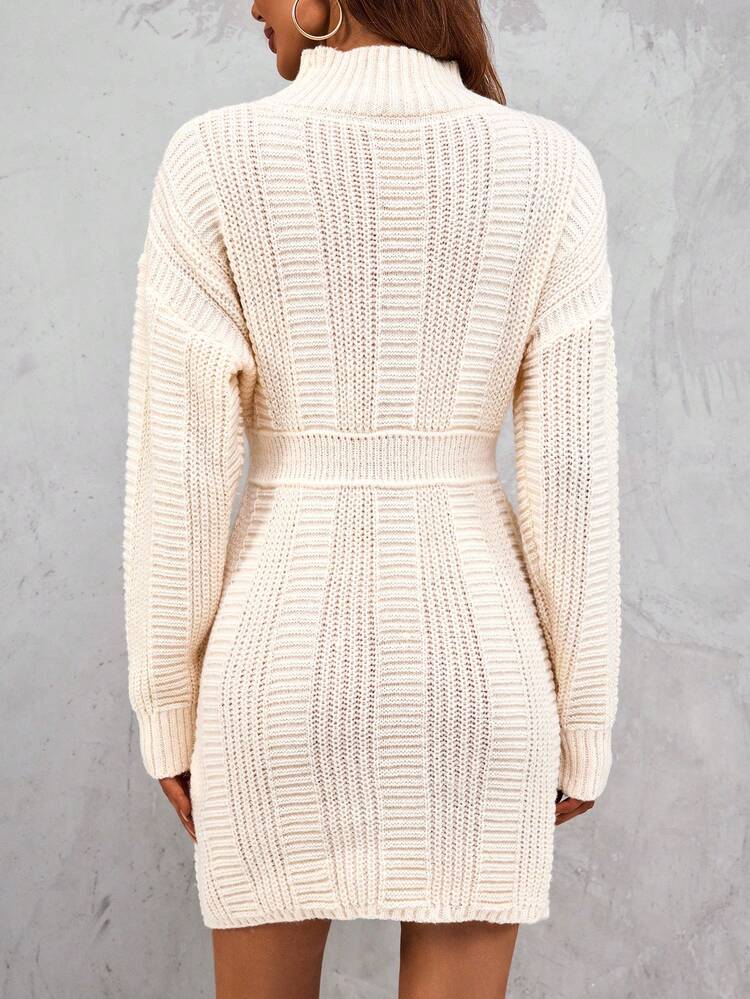 Mock Neck Drop Shoulder Sweater Dress Fall Cloth For Women