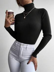 RueChic Jersey unicolor cuello alto tejido de canalé