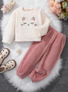 SHEIN 幼兒女童卡通刺繡毛茸茸圓領上衣搭配針織鬆身毛呢褲的兩件式家居服套裝 - 彩色 - 查看 1