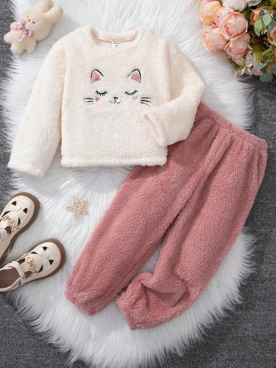 SHEIN 幼兒女童卡通刺繡毛茸茸圓領上衣搭配針織鬆身毛呢褲的兩件式家居服套裝 - 彩色 - 查看 1