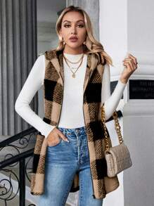 SHEIN Essnce Buffalo Plaid Pattern Hooded Teddy Vest Coat - Khaki - View 6
