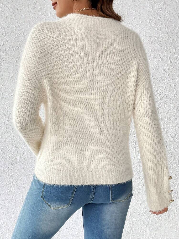 Mock Neck Drop Shoulder Button Detail Knit Pullover Fall Winter Sweater