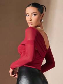 SHEIN BAE Off Shoulder Ruched Mesh Top - Burgundy - View 4