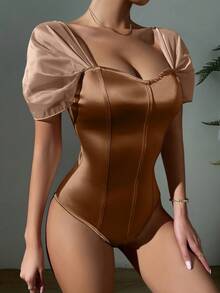 SHEIN Privé 雞心領口緞面連身背心 - 棕色 - 查看 6