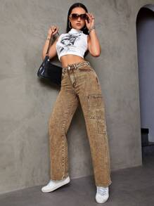 SHEIN ICON 多口袋水洗直筒牛仔褲 - 咖啡棕 - 查看 5