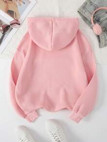 SHEIN EZwear Letter Graphic Kangaroo Pocket Drawstring Thermal Hoodie - Pink - View 2
