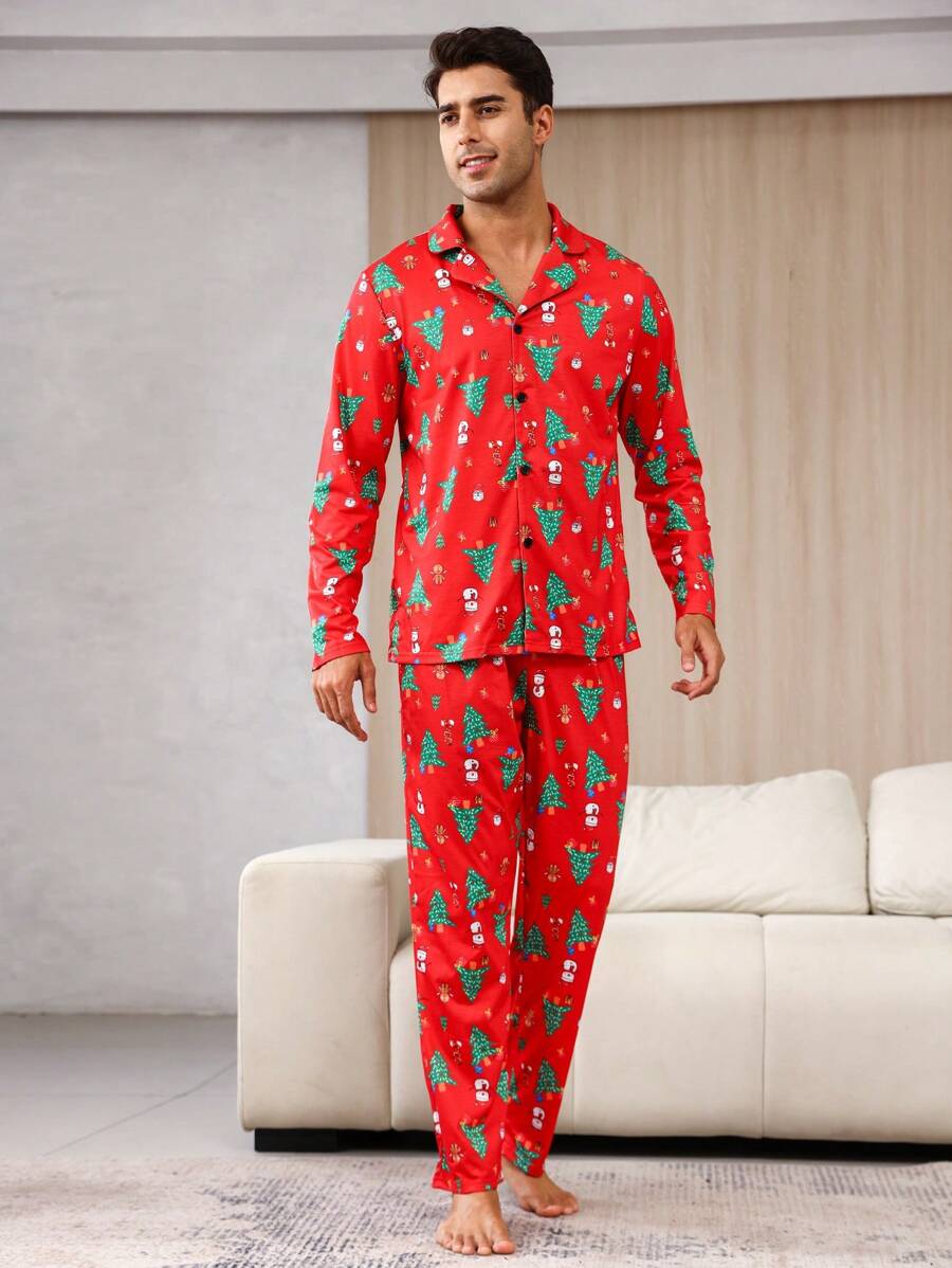 Men's Red Knitted Christmas Tree Print Pajama Set Lapel Button Front Regular Sleeve High Stretch Loungewear - Red - View 1