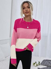 Chiquease 撞色落肩毛衣，长袖针织套头衫，秋冬款毛衣 - 彩色 - 查看 7
