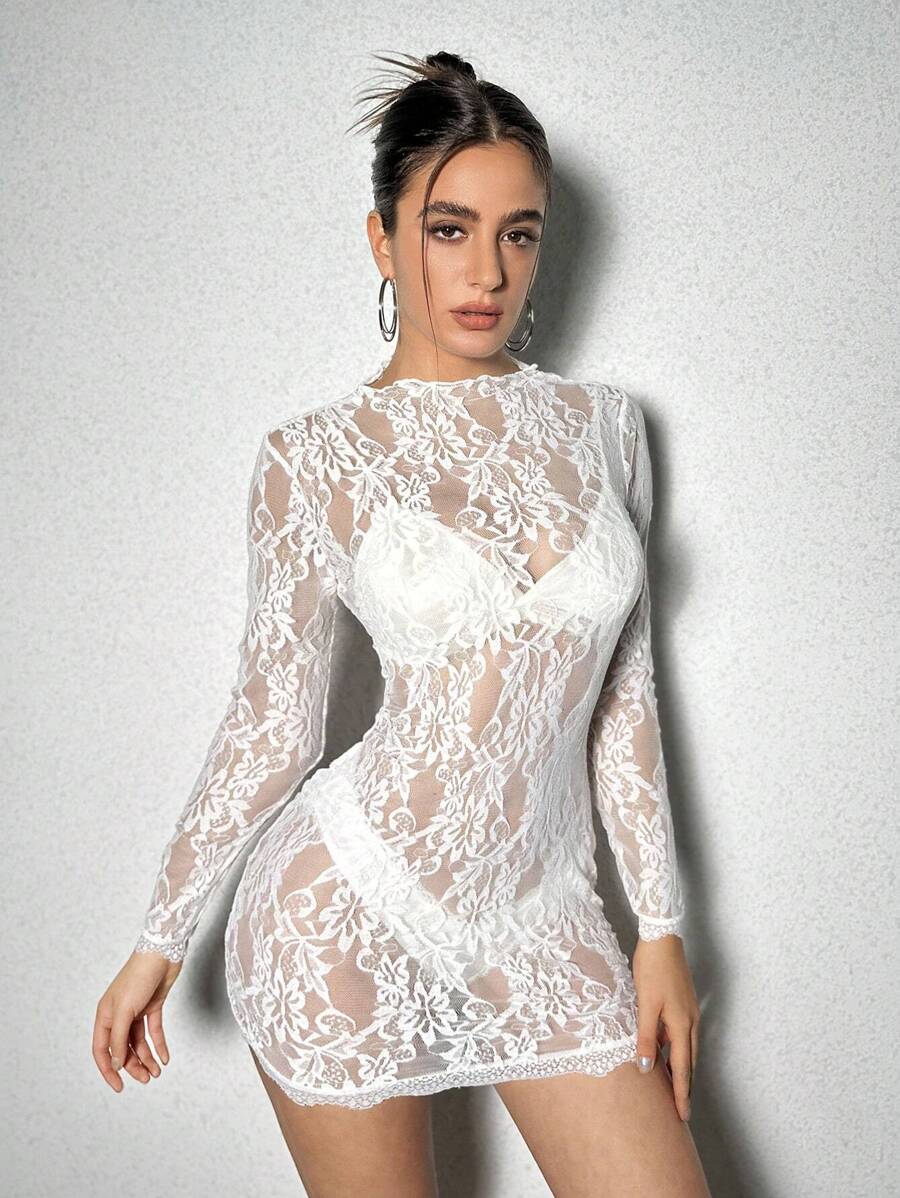 Allurite Mock Neck Lace Bodycon Dress Without Lingerie Set Fall Cloth For Women - White - View 1