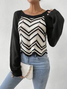 SHEIN LUNE Chevron Pattern Raglan Sleeve Scallop Trim Sweater - Black - View 6