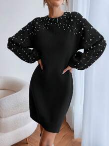 SHEIN LUNE Ngọc trai đính cườm Tay áo lồng đèn Đầm Áo len - màu đen - Xem 4