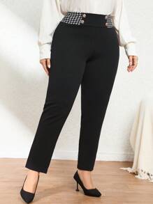 SHEIN Privé Plus Size Elegant Houndstooth Patchwork Long Pants - Black - View 5