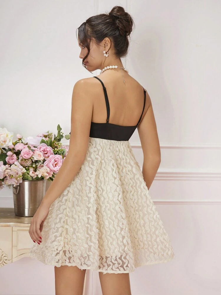 Women's Sexy Color Block Spaghetti Strap Dress With Bowknot & Flower Decoration