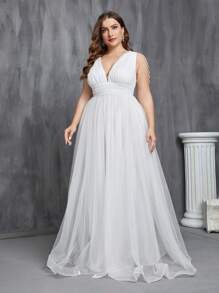 Faeriesty Plus Plunging Neck Ruched Mesh Formal Dress Plus Size White Elegant Prom Evening Wedding Guest Gown, For Graduation, Dinner - White - View 1