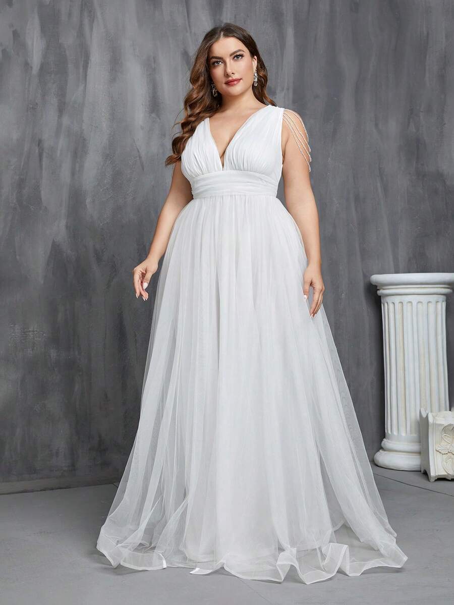 Faeriesty Plus Plunging Neck Ruched Mesh Formal Dress Plus Size White Elegant Prom Evening Wedding Guest Gown, For Graduation, Dinner - White - View 1