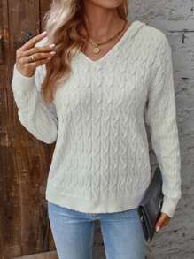 SHEIN LUNE Cable Knit Drop Shoulder Hooded Sweater Knit Pullover Fall Winter Outfit