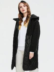 Astrid Plus Zip Up Contrast Teddy Hooded Quilted Coat - Black - View 6