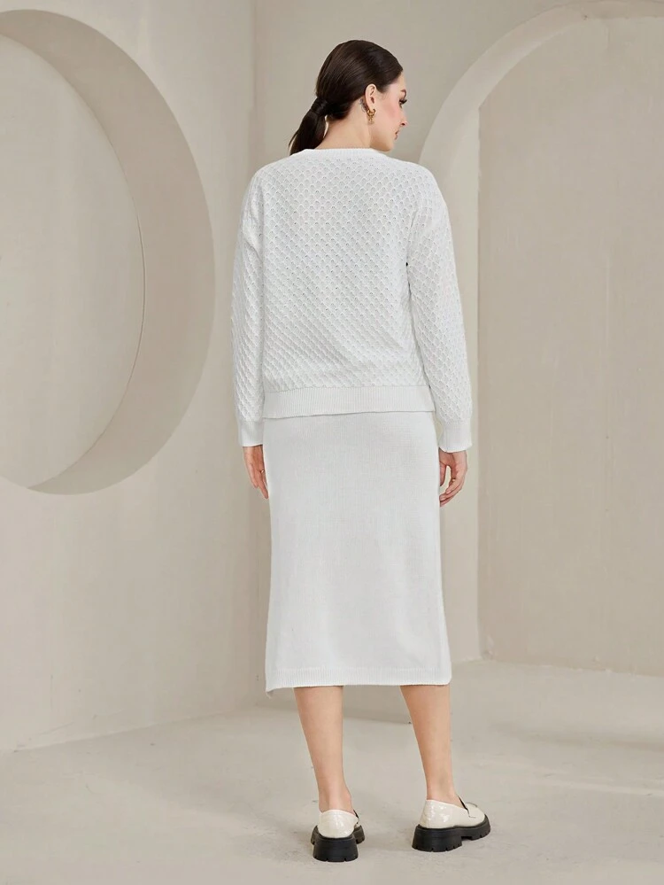 Drop Shoulder Sweater & Split Hem Knit Skirt 2 Piece Set