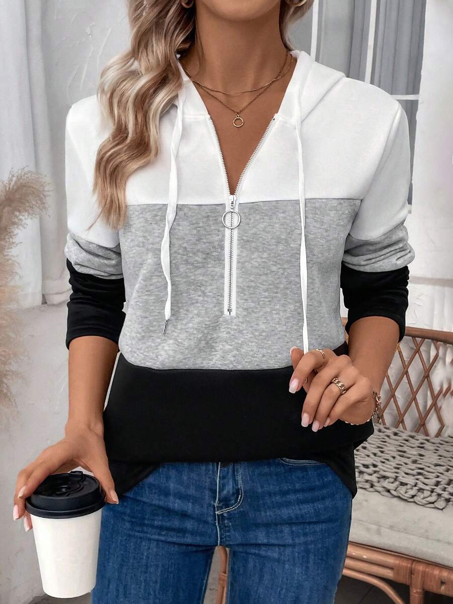 SHEIN LUNE 拼接半拉鍊束口連帽衛衣 - 彩色 - 查看 1