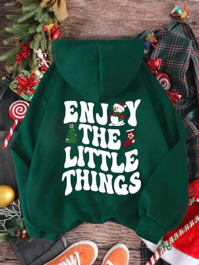 SHEIN EZwear Christmas Print Kangaroo Pocket Drawstring Thermal Lined Hoodie