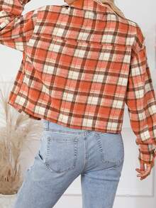 Orange Plaid Button-front Flap Pocket Jacket - Orange - View 2