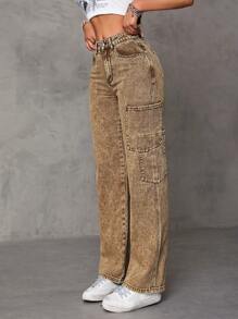 SHEIN ICON 多口袋水洗直筒牛仔褲 - 咖啡棕 - 查看 3