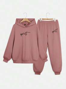 SHEIN EZwear 2件套大码女士休闲连帽卫衣和裤子套装，莲藕粉色 - 藕粉色 - 查看 1