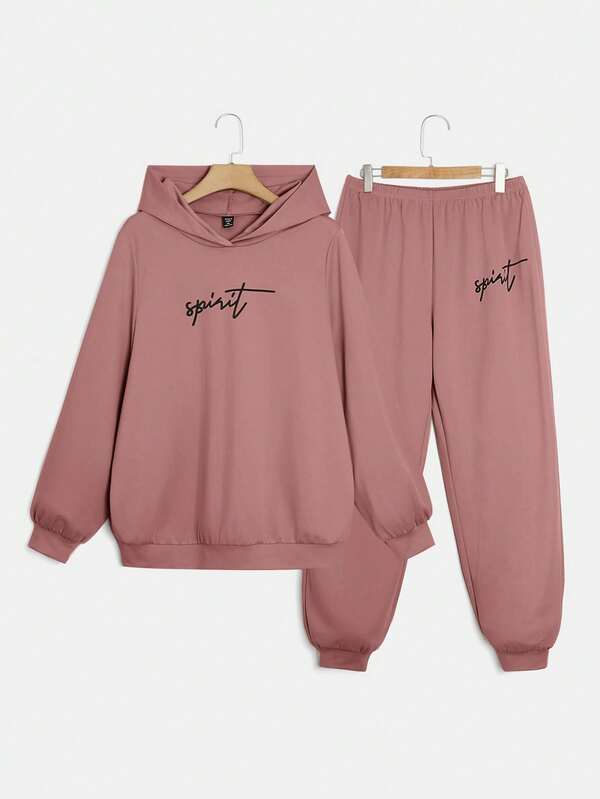 SHEIN EZwear 2pcs/Set Plus Size Women Casual Hooded Sweatshirt & Pants Set, Lotus Root Pink Hoodie And Sweatpants Set Comfy Set